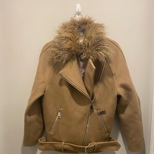 H&M Twill Wool Blend Mix Faux Fur Collar Biker Jacket Camel Women’s Size 4 EUC